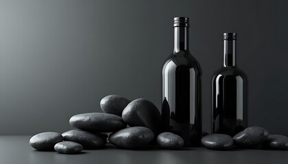 Black Bottle and Stone Still Life