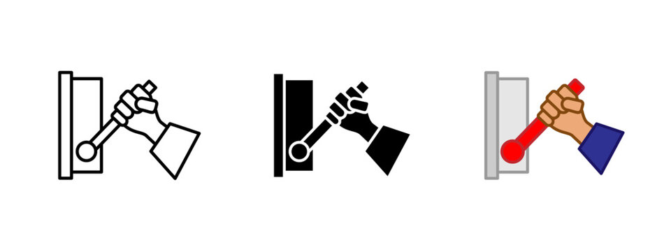 Lever icon. Human hand gripping and pulling a mechanical control lever vector illustration. Emergency power shut-off or machinery activation symbol. Manual control action sign. Safety tool pictogram.