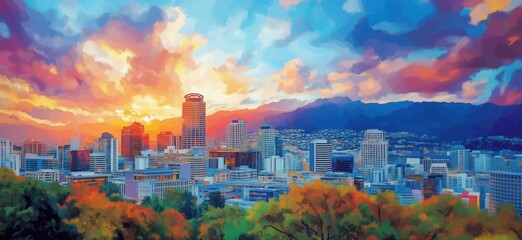 Naklejka premium Stunning sunset over city skyline with vibrant colors and dramatic clouds