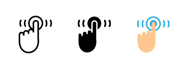 Click icon. Finger touching a circular button with ripple effect vector illustration. Interactive screen tap gesture symbol. User interface and digital input action sign.