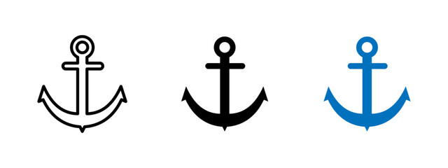 Anchor icon. Classic curved ship anchor with ring and flukes vector illustration. Nautical symbol of stability and maritime navigation. Sailing, mooring and sea travel sign. © iconostudio