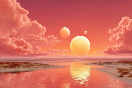 Pink sunset on an alien planet with three moons