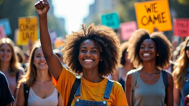A diverse group of women stands together at a protest or happy festive holiday celebrating demonstration , her right arm is raised in a fist pump, symbolizing unity and determination.