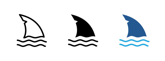 Shark icon. Curved dorsal fin rising from sea waves vector illustration. Marine danger symbol often used in swimming hazard signs. Warning for predator presence in ocean environments pictogram.