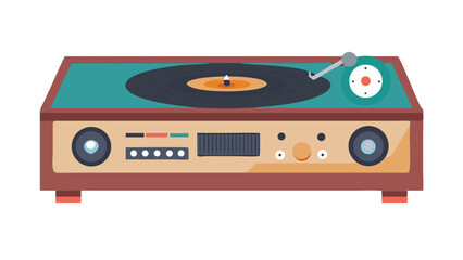 Fototapeta premium Vintage record player showcasing a classic design with a vinyl record spinning on a wooden surface