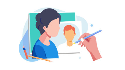 Artist capturing a portrait of a model indoors with creative elements and artistic tools