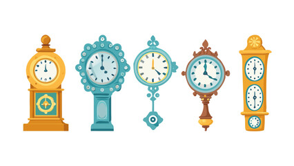 Vintage clocks displayed in a row showcasing unique designs and colors, perfect for any home decor