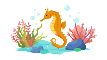 Colorful seahorse swimming among vibrant corals and sea plants in a lively underwater environment