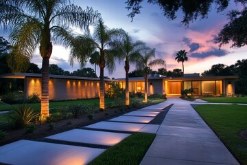 Modern luxury house with glass walls illuminated warmly at twilight surrounded by palm trees and manicured lawn