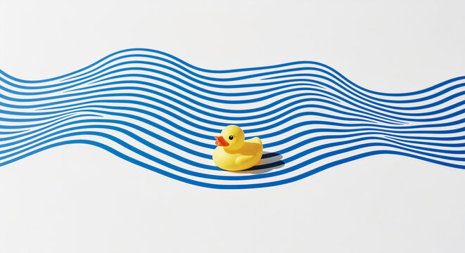 Yellow Rubber Duck on Blue and White Striped Waves