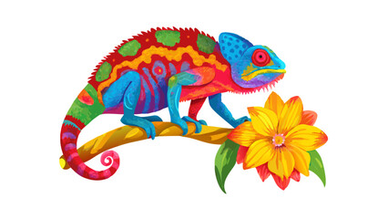 Obraz premium Colorful chameleon perched on a branch with a vibrant flower in a tropical setting