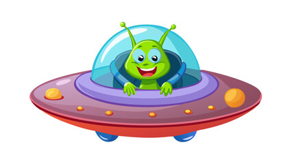 Cartoon alien smiles from colorful spaceship in a whimsical illustration set in a playful outer space theme