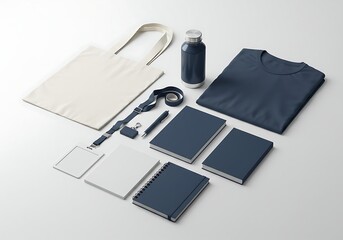 Corporate branding mockup featuring a tote bag, water bottle, an