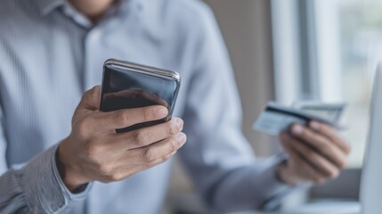 Person Holding Phone and Credit Card While Using Laptop in Modern Workspace Environment