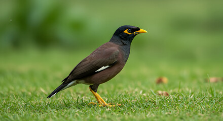 Fototapeta premium Common Myna Bird on Lush Green Grass