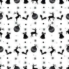 Vector decorative Christmas and new year Seamless Pattern. Christmas ornamental silhouette balls, deers, snowflakes, holly berries and bells texture background holiday greeting card backdrop template.