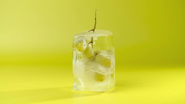Grape in an ice cube, close-up. Time lapse of the ice melts and a bunch of green grape appears. Frozen fruit. Yellow background.