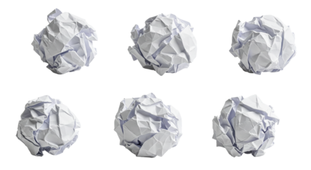 Six crumpled paper balls symbolizing creative block frustration or wasted ideas against a on transparent background
