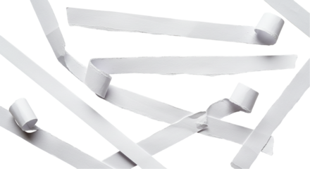 Floating strips of white paper dance against a void casting gentle shadows and whispering on transparent background