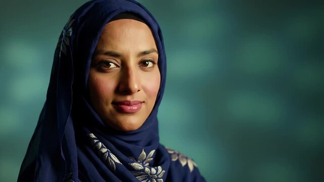 Portrait of Young Woman in Blue Hijab Against Blurred Teal Bokeh Background