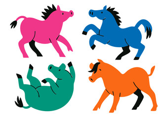 Pig illustration, colorful minimalist style, mid-century modern, childlike shapes, whimsical character design, no outlines, solid colors, stylized proportions