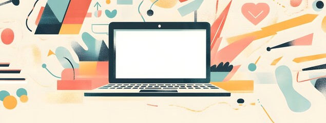Colorful illustration of a laptop with a white screen, surrounded by digital marketing icons and colorful arrows on a light background.