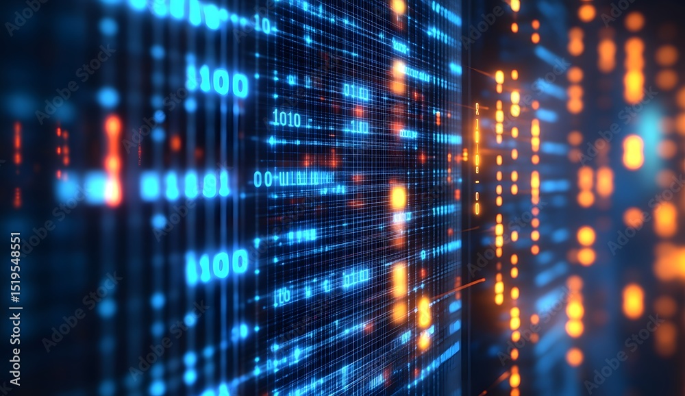 Fototapete Digital technology background with circuit board and binary code, creating an abstract representation of data transfer in the digital age. 