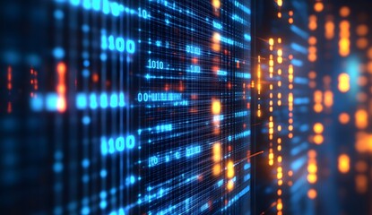 Digital technology background with circuit board and binary code, creating an abstract representation of data transfer in the digital age. 