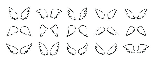 Set of wings icons. Wings icons. Bird wings, angel wings elements. Wing collection in different shape. Wings badges. Vector illustration