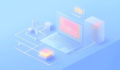 Isometric illustration of a laptop with code on the screen and a connected network, a data flow diagram, against a blue background with a light neon color palette,