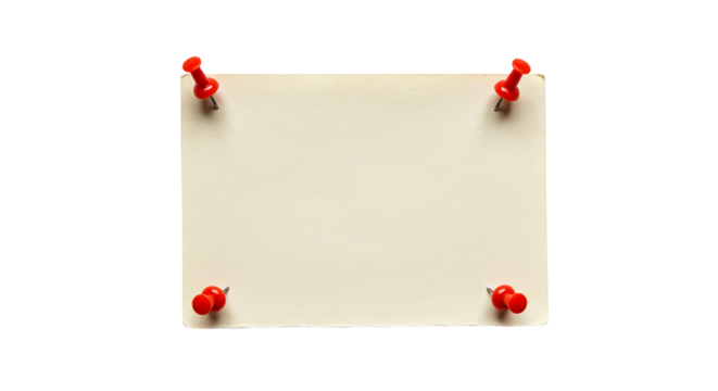 A blank antique memo pinned with vibrant red pushpins ready for your big idea against a on transparent background
