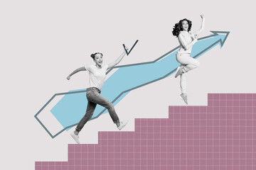 Collage of two happy people climbing career stairs with arrow symbolizing success growth professional achievement