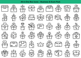 Business and Ecommerce Box Icons for Transactions, Shipping, Delivery, and Packaging Logistics