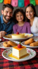 A joyful family gathers around a table filled with delicious Mexican desserts like tres leches cake and churros, all smiling and engaging with the camera.