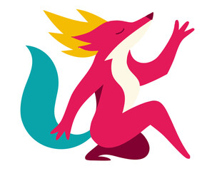 Fox illustration, colorful minimalist style, mid-century modern, childlike shapes, whimsical character design, no outlines, solid colors, stylized proportions