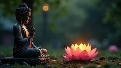 Vesak, Buddha Purnima. Statue of Buddha is sitting on the ground next to a pink flower. The scene is peaceful and serene, with the statue