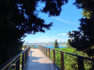 Walking bridge at Nakkastepe National Garden and Istanbul city view from the park in summer