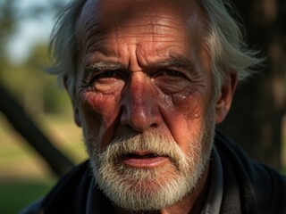 An elderly man listens intently to a lamentation song, tears streaking his weathered face, illuminated by dappled sunlight filtering through tree branches.