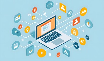 Laptop with colorful icons and symbols representing digital marketing, on a white background, in a vector illustration style. The laptop is centered in the middle of an abstract geometric 