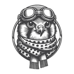 Vintage Hand-Drawn Lesser Kestrel With Goggles and Scarf Illustration – Bird Wildlife Engraved Style Vector for T-Shirts, Posters, Stickers, and Aviation Humor Themes Apparel