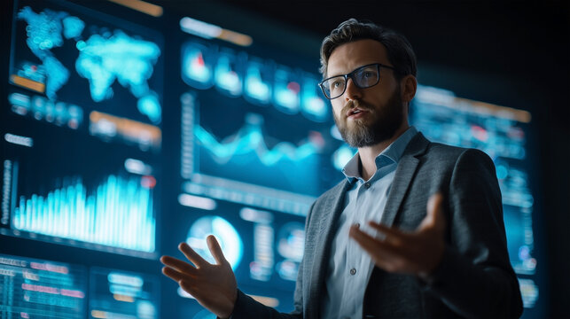 A man in a suit is standing in front of a computer monitor with a lot of graphs