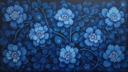 Blue flower painting with a blue background. The flowers are blue and white