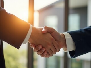Two men shake hands in a business meeting. The handshake is a symbol of agreement and trust. The men are dressed in suits. The setting is a window