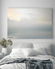 Serene Seascape: A captivating bedroom sanctuary, where a breathtaking seascape art piece hangs above a pristine bed. The room exudes tranquility, calmness and relaxation.