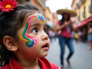 A child face, adorned with colorful traditional Mexican designs, reflects joy and wonder while watching street performers at a bustling fair.