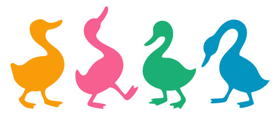 Ducks illustration, colorful minimalist style, mid-century modern, childlike shapes, whimsical character design, no outlines, solid colors, stylized proportions