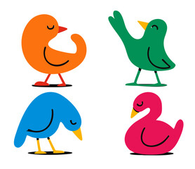 The Birds illustration, colorful minimalist style, mid-century modern, childlike shapes, whimsical character design, no outlines, solid colors, stylized proportions