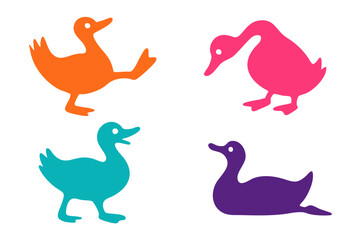 Ducks illustration, colorful minimalist style, mid-century modern, childlike shapes, whimsical character design, no outlines, solid colors, stylized proportions