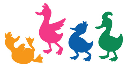 Ducks illustration, colorful minimalist style, mid-century modern, childlike shapes, whimsical character design, no outlines, solid colors, stylized proportions