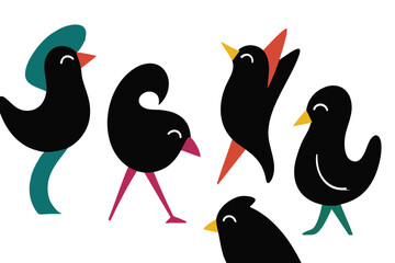 Bird illustration, colorful minimalist style, mid-century modern, childlike shapes, whimsical character design, no outlines, solid colors, stylized proportions
